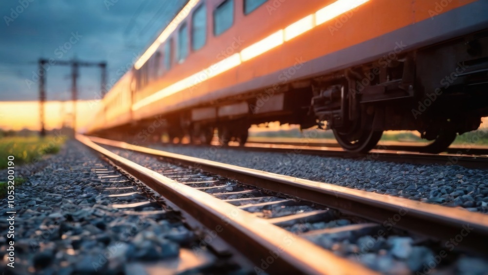 Serenity in Motion: Vibrant Sunset Train on Railway Track with Silhouetted Horizon and Power Lines Serenity in Motion: Vibrant Sunset Train on Railway Track with Silhouetted Horizon and Power Lines