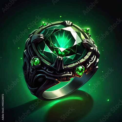 A silver ring adorned with a large, faceted emerald gemstone, surrounded by smaller emeralds. The ring has an intricate, ornate design.