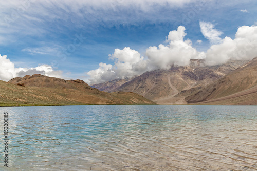 Beautiful view of chandratal lake and himalayan mountain landscape in lahaul and spiti himachal pradesh, India. photo