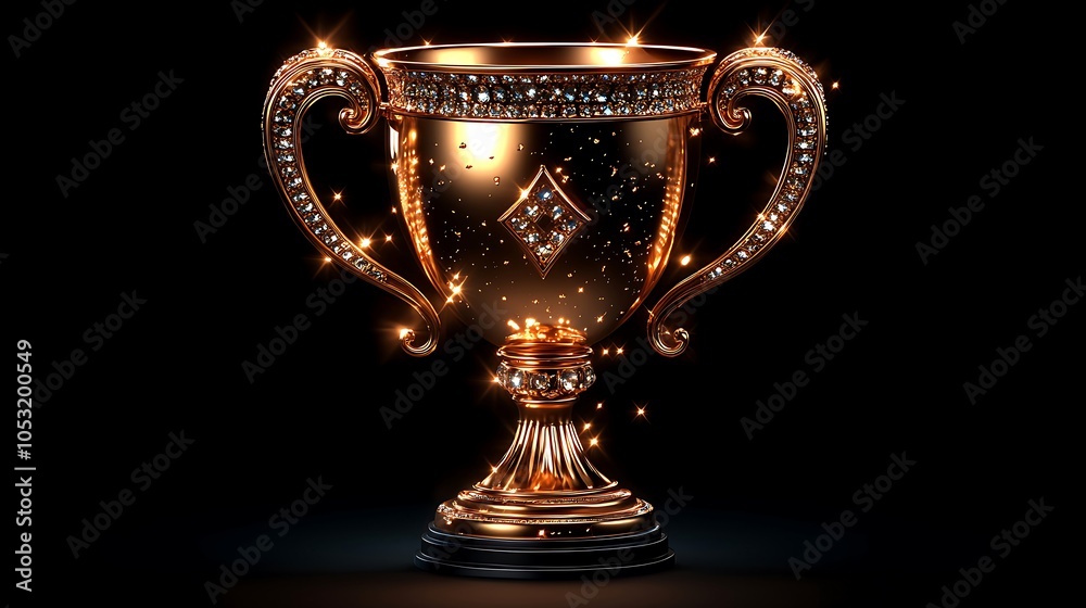 A golden trophy with diamond embellishments and a diamond symbol on a black background. A golden trophy with diamond embellishments and a diamond symbol on a black background.