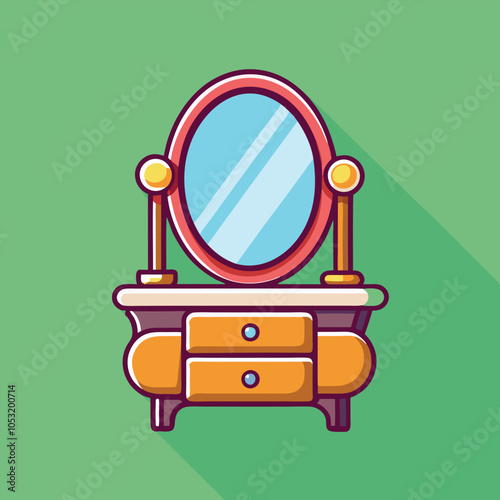 A cartoon illustration of a vanity with a mirror and drawers.
