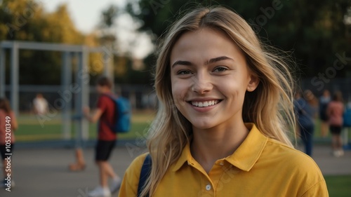 female caucasian girl in yellow casual wear on school yard background model portrait smiling for ad concept space for text