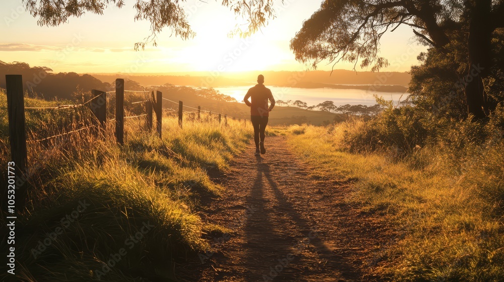 A person jogging on a scenic trail at sunrise, symbolizing healthy living and fitness. Concept healthy lifestyle A person jogging on a scenic trail at sunrise, symbolizing healthy living and fitness. Concept healthy lifestyle
