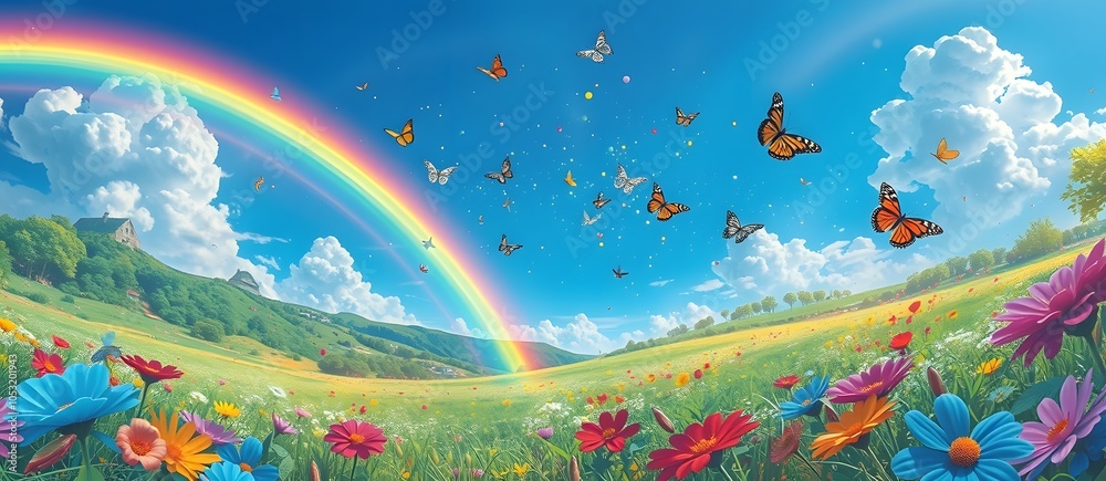 Fototapeta premium A vibrant, whimsical landscape illustration featuring a bright rainbow arching over a lush, colorful meadow. The scene has a playful, cartoonish style with fluffy white clouds, a clear blue sky, and b
