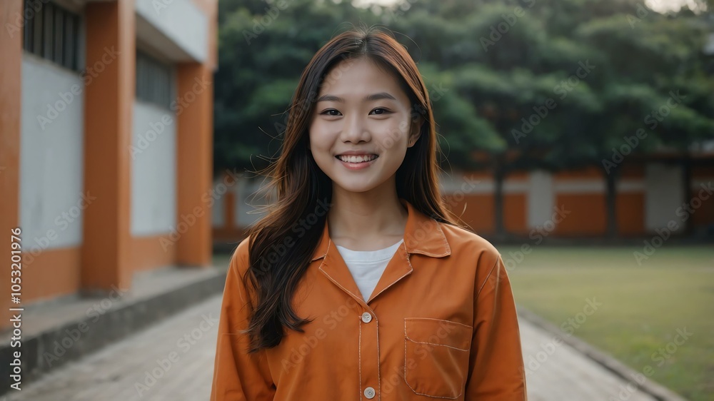 Fototapeta premium female asian girl in orange casual wear on school yard background model portrait smiling for ad concept space for text