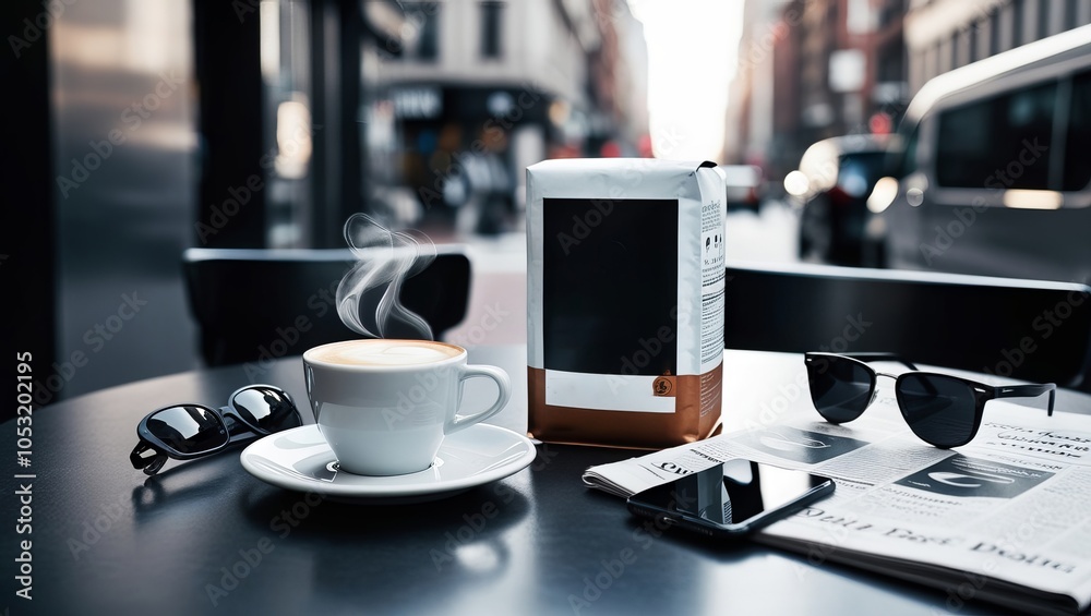 A high contrast urban styled product shot of a coffee
