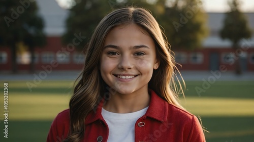 female american girl in red casual wear on school yard background model portrait smiling for ad concept space for text