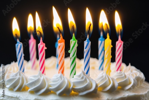 A close-up of a birthday cake with candles lit, ready to be blown out, symbolizing celebration and the passage of time photo