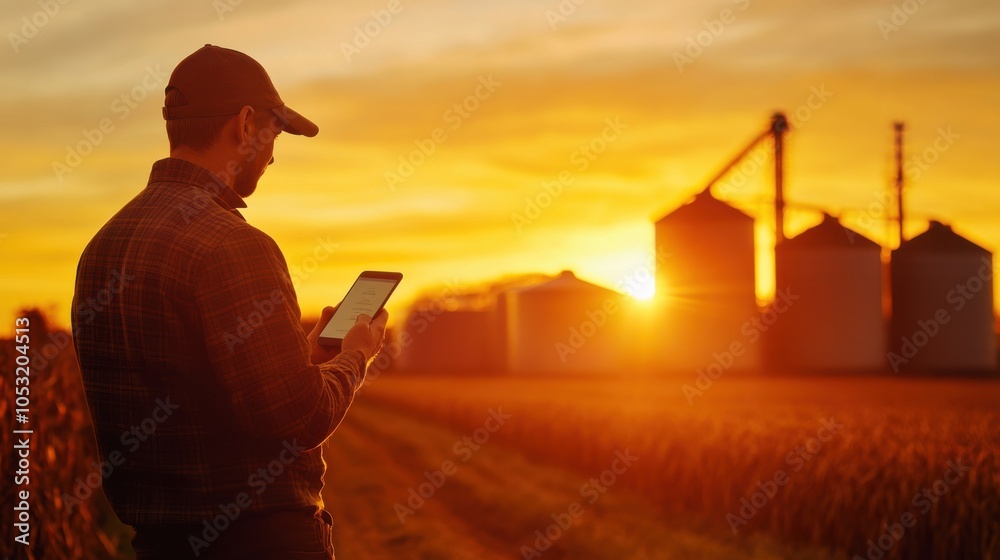 Fototapeta premium A farmer standing near grain bins, reviewing data on a smartphone during a picturesque