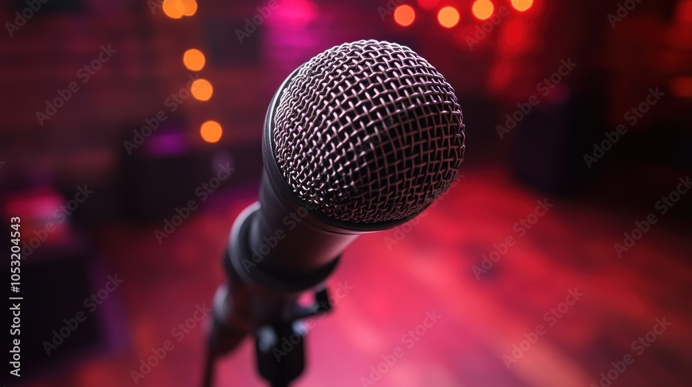 Close-up of a microphone in a vibrant performance setting. Close-up of a microphone in a vibrant performance setting.