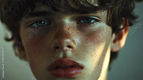 A young man with freckles and dark hair stares intensely at the camera