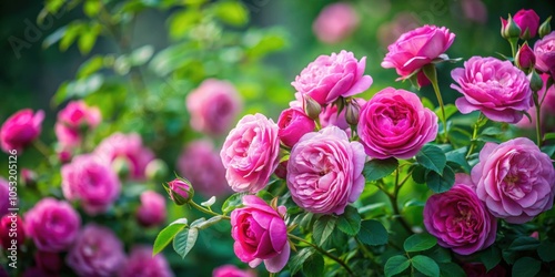 Lush bush of pink Rosa Damascena roses with dark vignette, Valentine's day, romantic, flowers, beautiful, pink, blooming