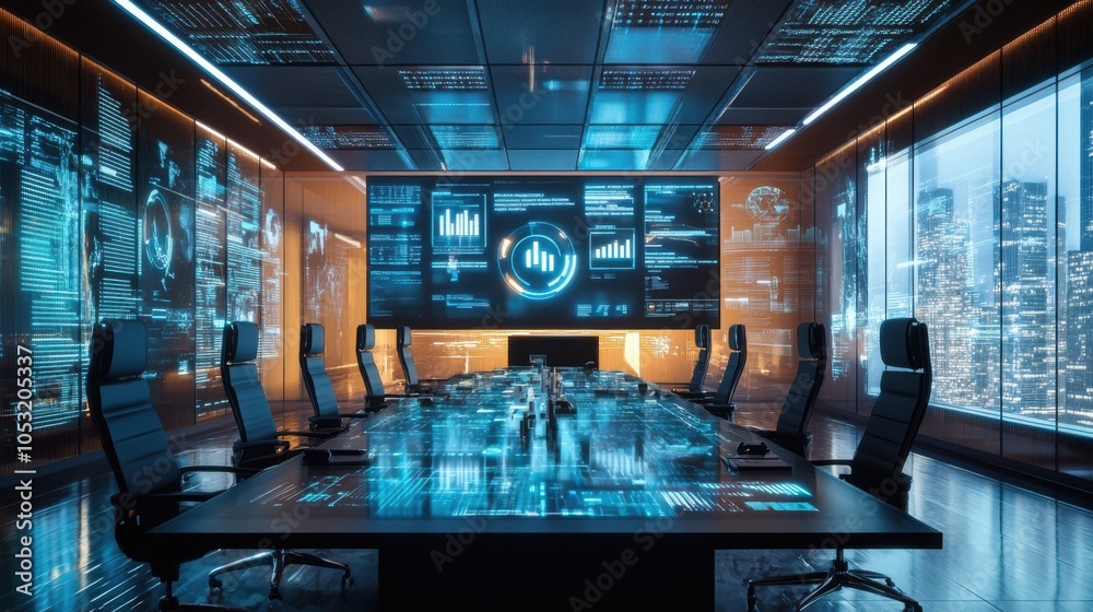 A futuristic boardroom where data analytics are presented on floating screens, guiding