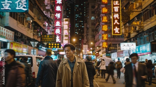 Man in a trench coat walks down a busy street.