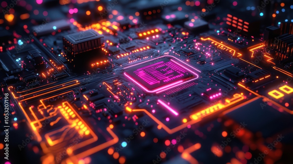 Futuristic Circuit Board with Glowing Neon Lights and Microchip in High-Tech Digital Environment Futuristic Circuit Board with Glowing Neon Lights and Microchip in High-Tech Digital Environment