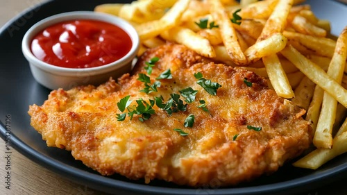 A crispy fried chicken cutlet served with french fries and ketchup on a black plate