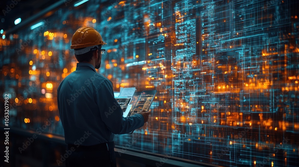 custom made wallpaper toronto digitalWorker interacting with a digital interface in a tech environment.