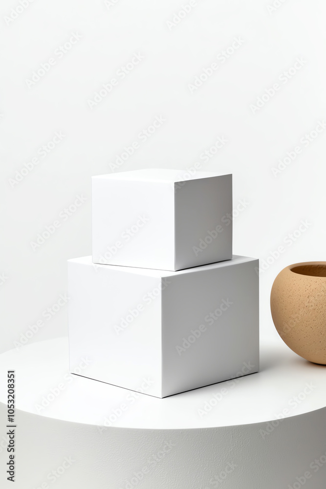 Minimalist display of plain white cubeshaped product boxes on a clean surface with decorative pottery Minimalist display of plain white cubeshaped product boxes on a clean surface with decorative pottery