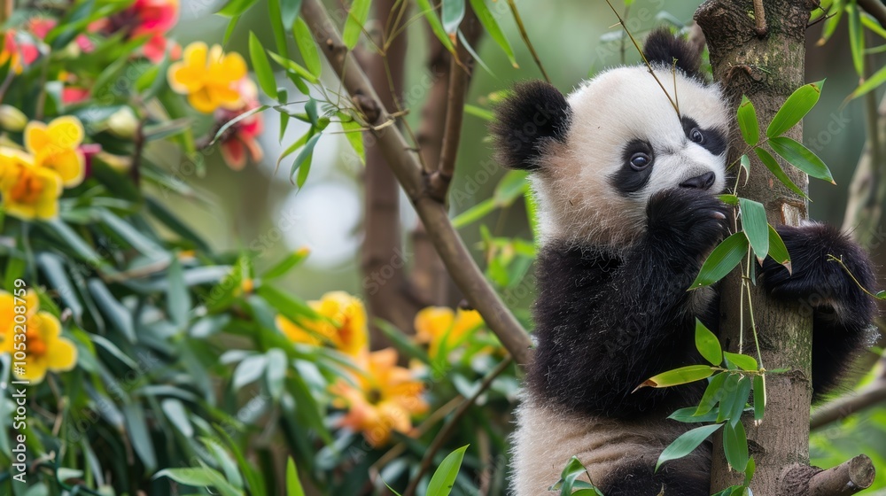 Obraz premium Baby Panda Climbing a Tree Surrounded by Lush Greenery