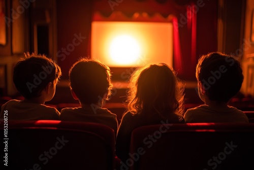 Four children sitting in a dimly lit movie theater, watching an illuminated screen in front of them. This nostalgic and cinematic scene captures themes of friendship and entertainment photo