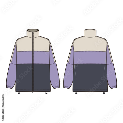 Flat sketches of a color-blocked track jacket with a stand collar, zippered front, and elastic cuffs. Features a contrasting horizontal stripe across the chest and back, with an adjustable drawstring 