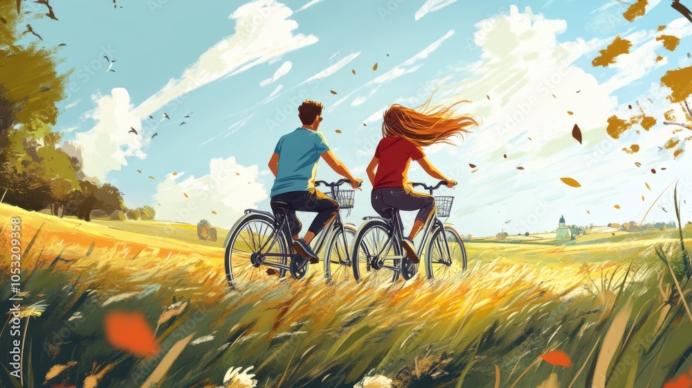 Fototapeta premium A happy couple riding bicycles together through a scenic countryside, with the wind in