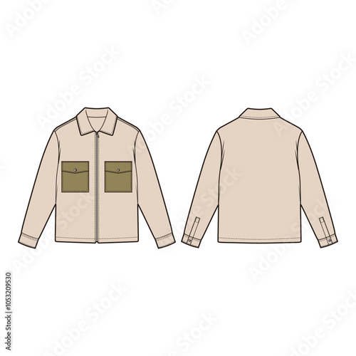 Flat sketch of a utility jacket with contrast dual chest pockets, button closure, and collared neckline. Functional and stylish, suitable for casual or outdoor wear.
