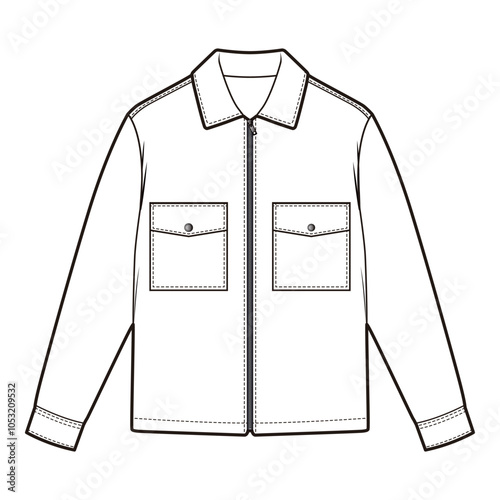Flat sketch of a utility jacket with contrast dual chest pockets, button closure, and collared neckline. Functional and stylish, suitable for casual or outdoor wear.
