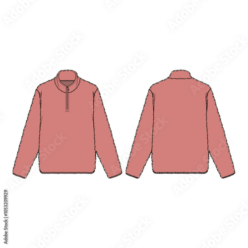 Flat sketch of a half-zip pullover with a stand collar and a minimalistic design, ideal for layering. Features clean lines and a relaxed fit, suitable for casual and sporty looks.
