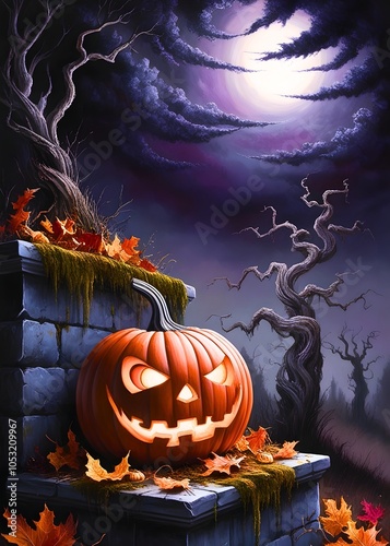 A spooky pumpkin Halloween dark a misty. Generative By Ai