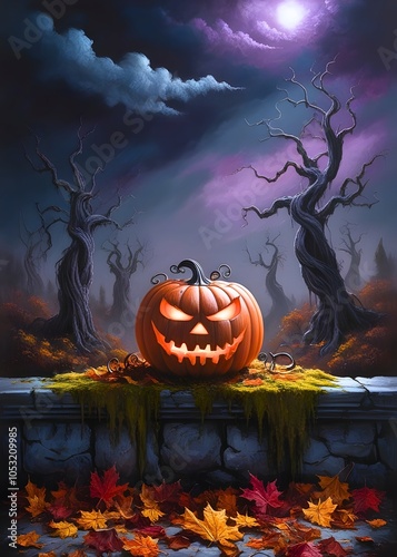 A spooky pumpkin Halloween dark a misty. Generative By Ai