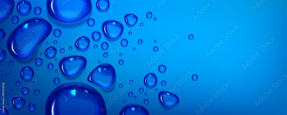 Blue horizontal background with clear water droplets pattern. Realistic 3d vector illustration of smooth waterproof glass or window surface with condensation drop beads. Scattered moisture splatters.