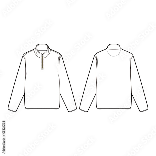 Flat sketch of a half-zip pullover with a stand collar and a minimalistic design, ideal for layering. Features clean lines and a relaxed fit, suitable for casual and sporty looks.

