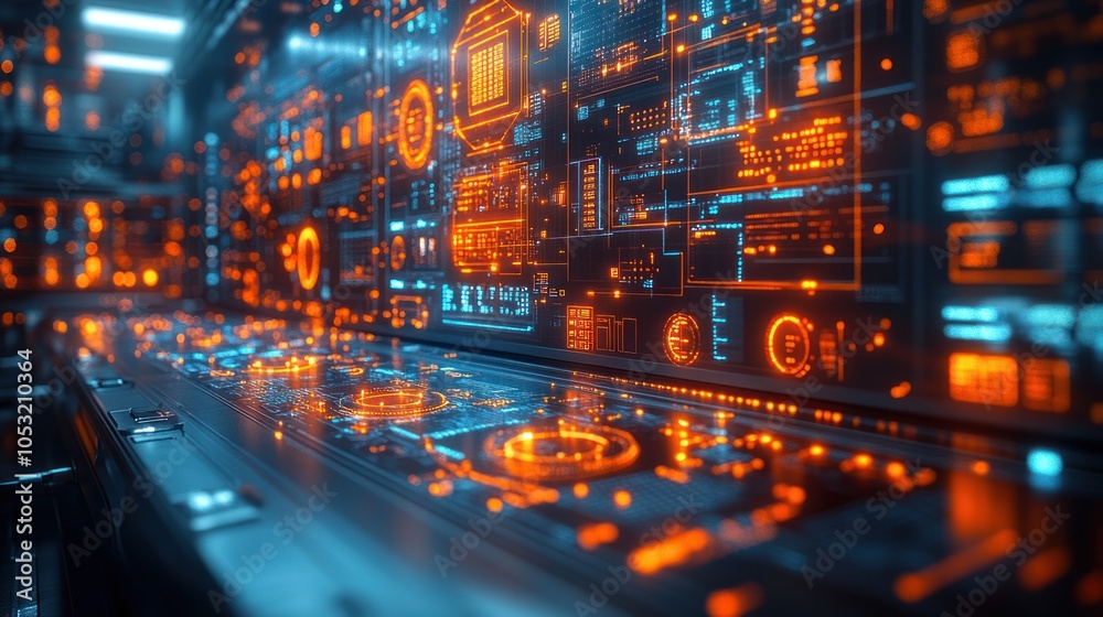 Obraz premium Futuristic control panel with glowing interfaces and data displays.