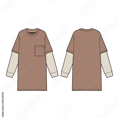 Flat sketch of a layered-look T-shirt featuring a chest pocket and long contrast sleeves for a casual, streetwear-inspired design with a relaxed fit.
