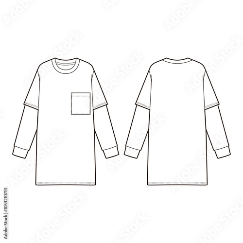 Flat sketch of a layered-look T-shirt featuring a chest pocket and long contrast sleeves for a casual, streetwear-inspired design with a relaxed fit.
