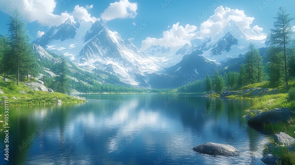 Naklejka premium A serene mountain lake with snow-capped peaks reflecting in the still water under a bright blue sky with white clouds.