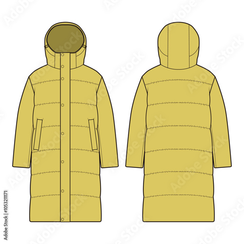 Front and back flat sketches of a down jacket featuring a high collar, zipper closure, horizontal quilted padding, and elastic cuffs and hem. Designed for warmth and insulation, with practical side po