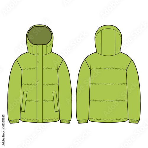 Front and back flat sketches of a short padded jacket with a high collar, horizontal quilting, zipper closure, and elastic cuffs. Features include side pockets and a warm, insulated design ideal for c