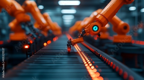 Wallpaper Mural Robotic arms meticulously replacing car components in a dark high tech industrial workshop filled with futuristic holographic diagnostics and neon lit accents Torontodigital.ca