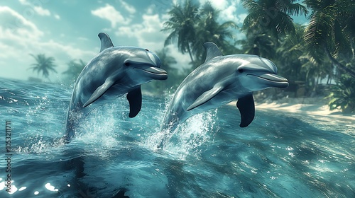 Generative AI Image of Majestic Dolphins Jumping on Ocean Sea Island with Palm Tree Background photo