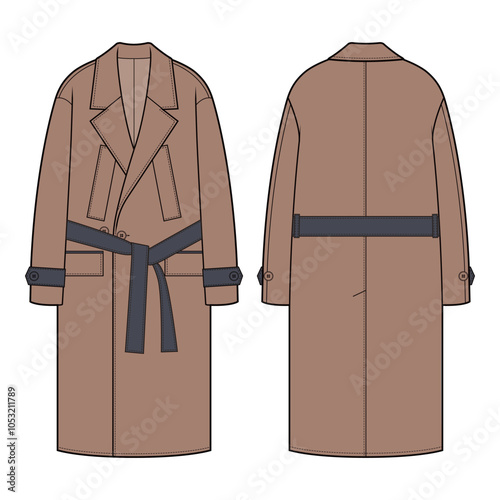 Front and back flat sketches of a belted long coat featuring a notched lapel, button closure, and a waist belt for an adjustable fit. Design includes side pockets and a straight, tailored silhouette i