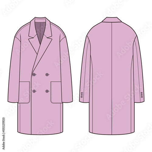 Front and back flat sketches of a double-breasted long coat featuring a notched lapel, two rows of buttons, and a tailored silhouette. Design details include side pockets, buttoned cuffs, and a struct