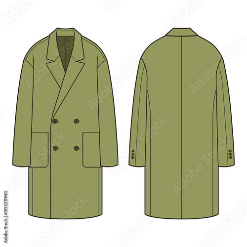 Flat sketch of a double-breasted long coat with a notched lapel, two rows of buttons, and welt pockets. Designed with a relaxed fit and extended length for a modern, oversized look.
