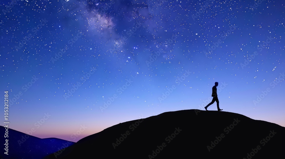 Fototapeta premium A man walks along a ridge under a starry sky.