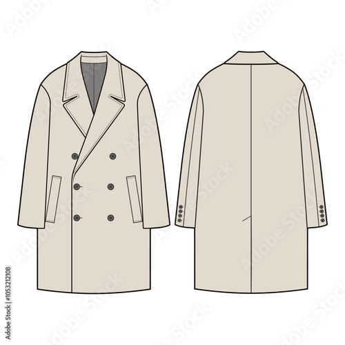Flat sketch of a cream double-breasted long coat with a notched lapel, six-button front, and welt pockets. Oversized silhouette with a relaxed, structured fit, ideal for modern winter fashion.
