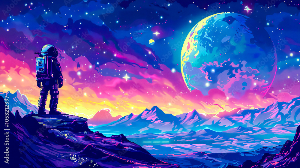 Fototapeta premium Astronaut's Cosmic Vista: An astronaut stands on an alien planet, gazing at a vibrant Earth in a breathtaking, colorful digital painting. The scene is filled with wonder and the promise of discovery.