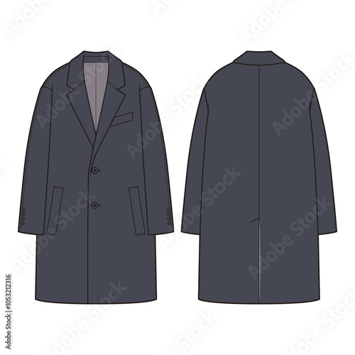 Front and back flat sketches of an oversized single-breasted coat with a notched lapel, button closure, and dropped shoulders. Design includes spacious side pockets, a relaxed silhouette, and extended