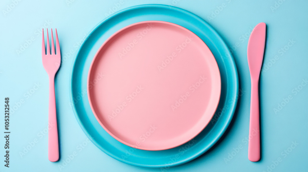Pink and Blue Plate Setting: A minimalist, modern flat lay showcasing a pink plate on a blue plate with a pink fork and knife, creating a vibrant and visually appealing table setting. Pink and Blue Plate Setting: A minimalist, modern flat lay showcasing a pink plate on a blue plate with a pink fork and knife, creating a vibrant and visually appealing table setting.
