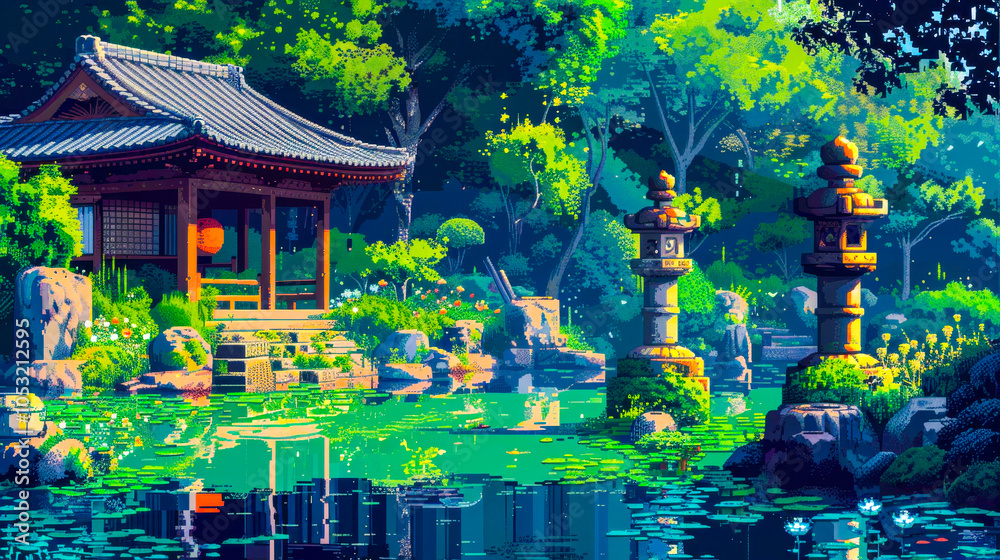 Obraz premium Tranquility in the Japanese Garden: A serene digital painting captures the essence of a traditional Japanese garden, showcasing a tranquil pond, a charming pagoda.